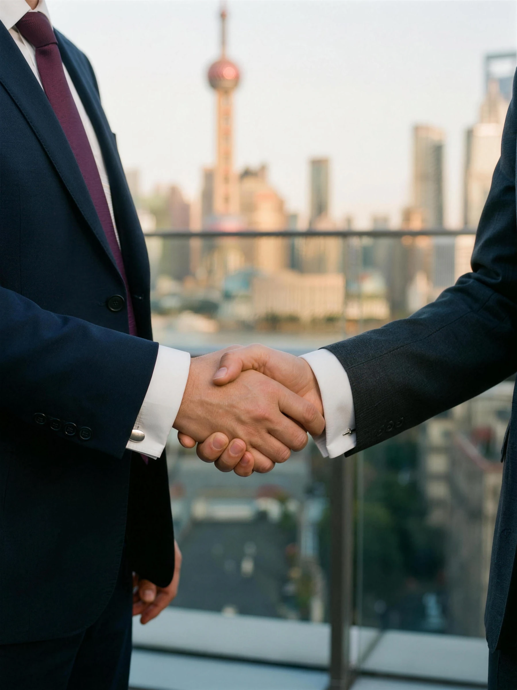 A handshake between two people in suits, the Oriental Pearl Tower and the Shanghai skyline behind them