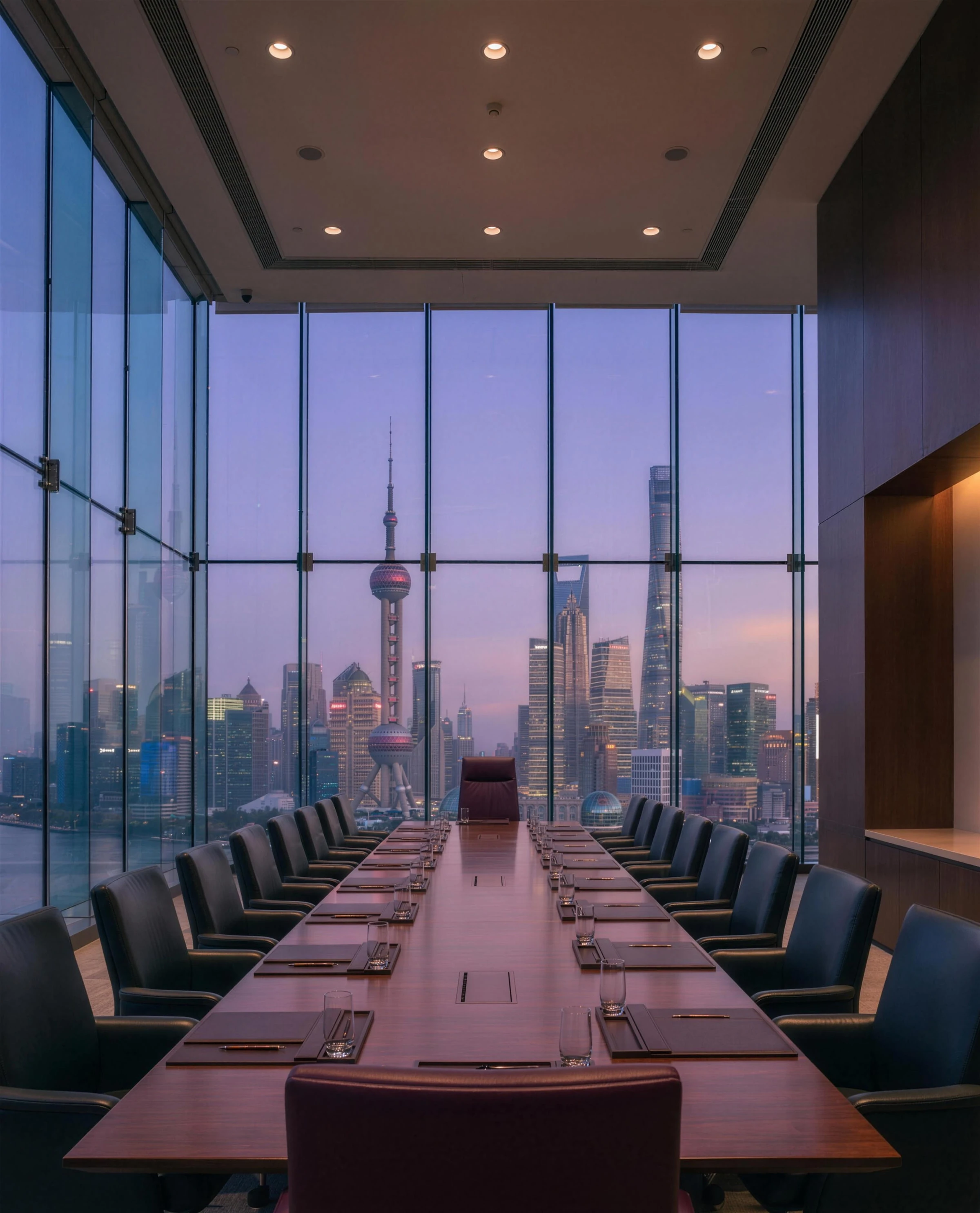 A long negotiation table in a boardroom high above Shanghai, the Pudong skyline in warm light behind the head chair